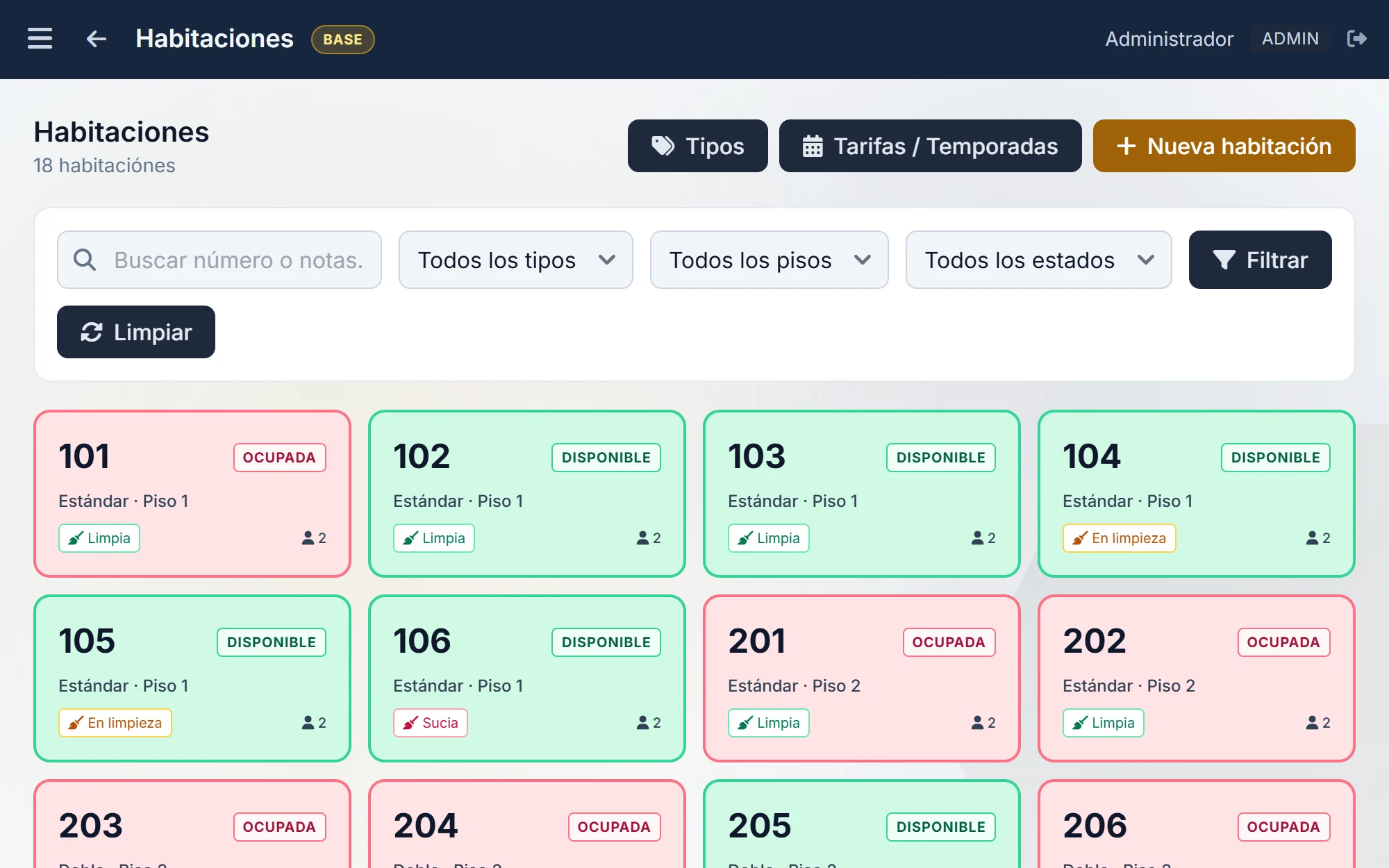 Tablero de habitaciones: estado en vivo, tipos y tarifas por temporada