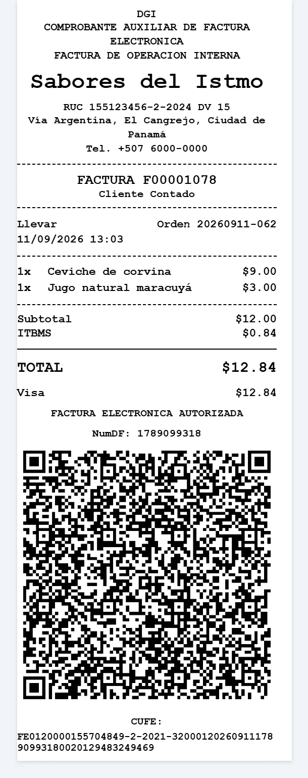 Factura electrónica ante la DGI, en ticket de 80 mm