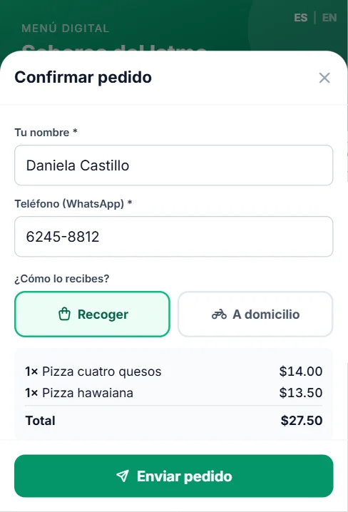 Menú digital para pedir desde WhatsApp o QR