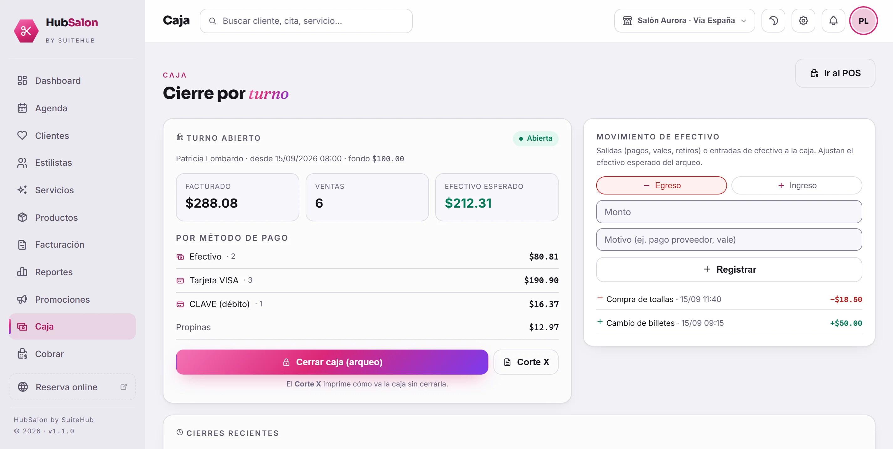 Caja por turno, cuadrada en minutos