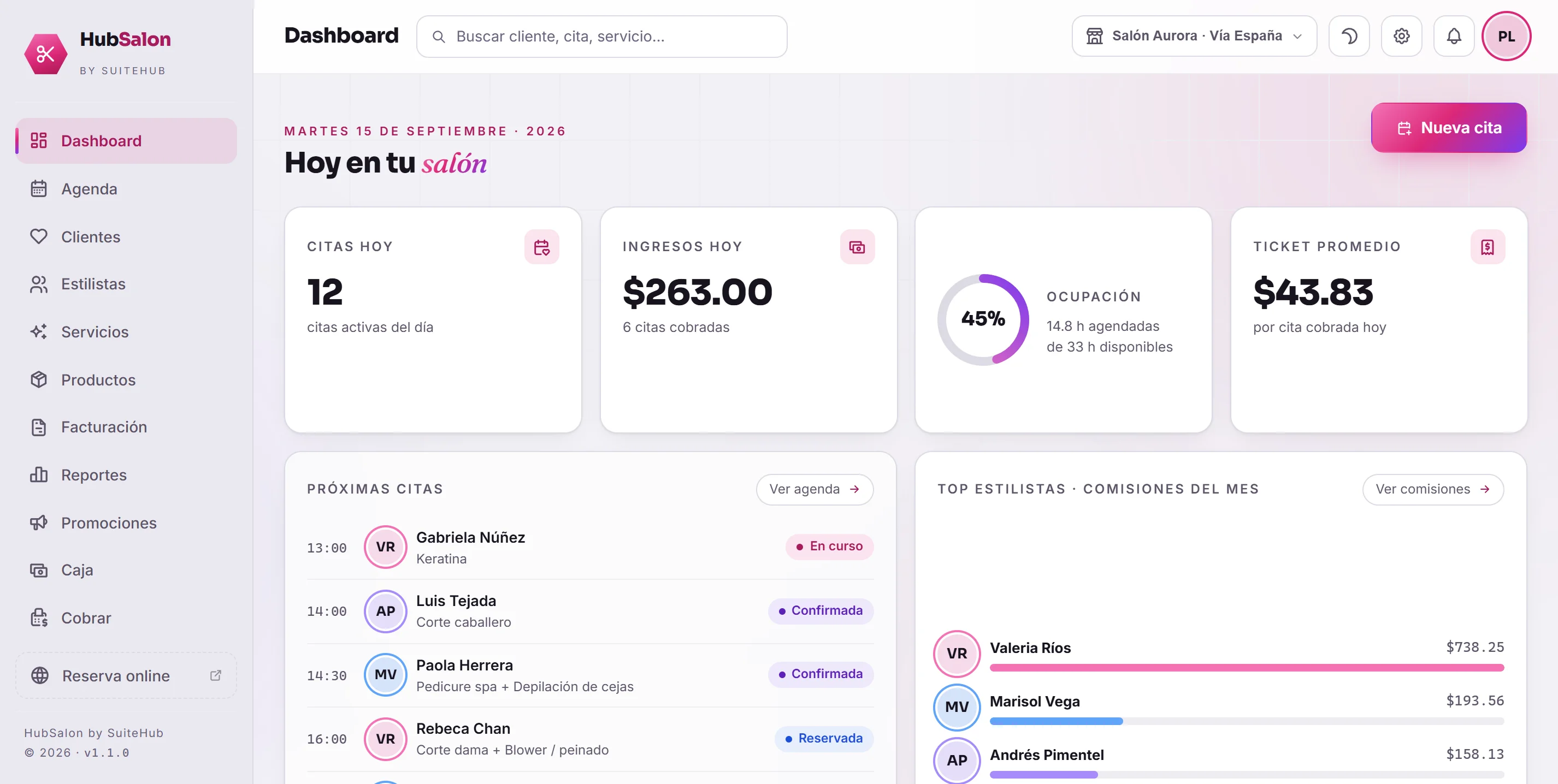 Dashboard de HUB Salon