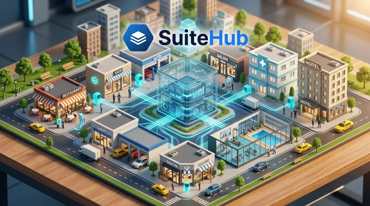Illustration of a block of businesses (restaurant, store, repair shop, salon, clinic, gym and hotel) connected to the SuiteHub system