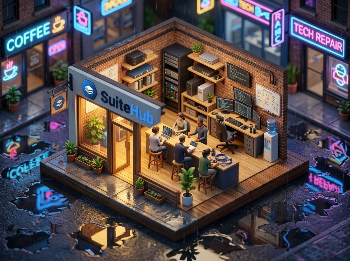 Illustration of the SuiteHub office with the team at work
